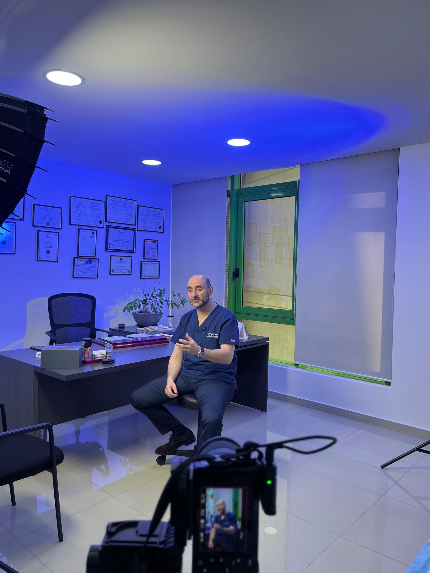 Clinic interview under blue lighting